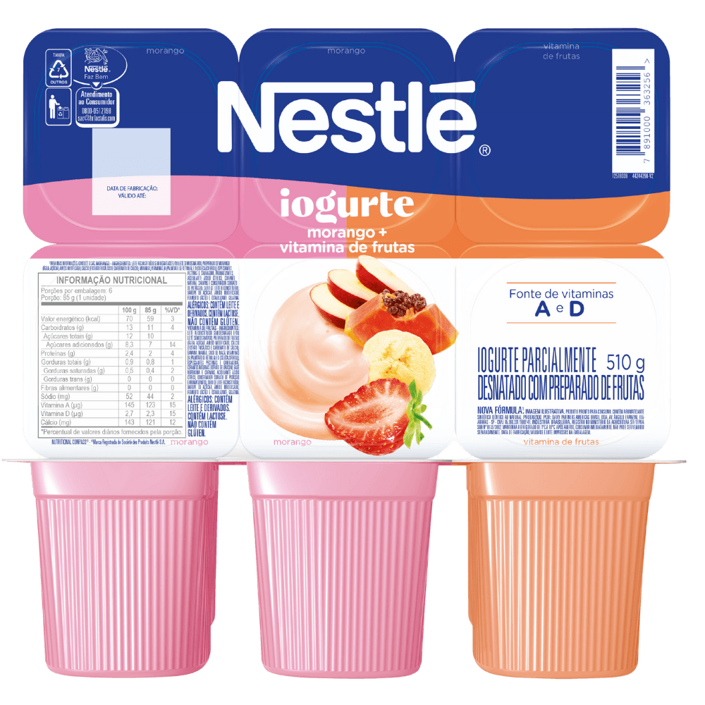 Iogurte Nestlé Parcialmente Desnatado Morango + Vitamina de Frutas 85g c/6 Unid